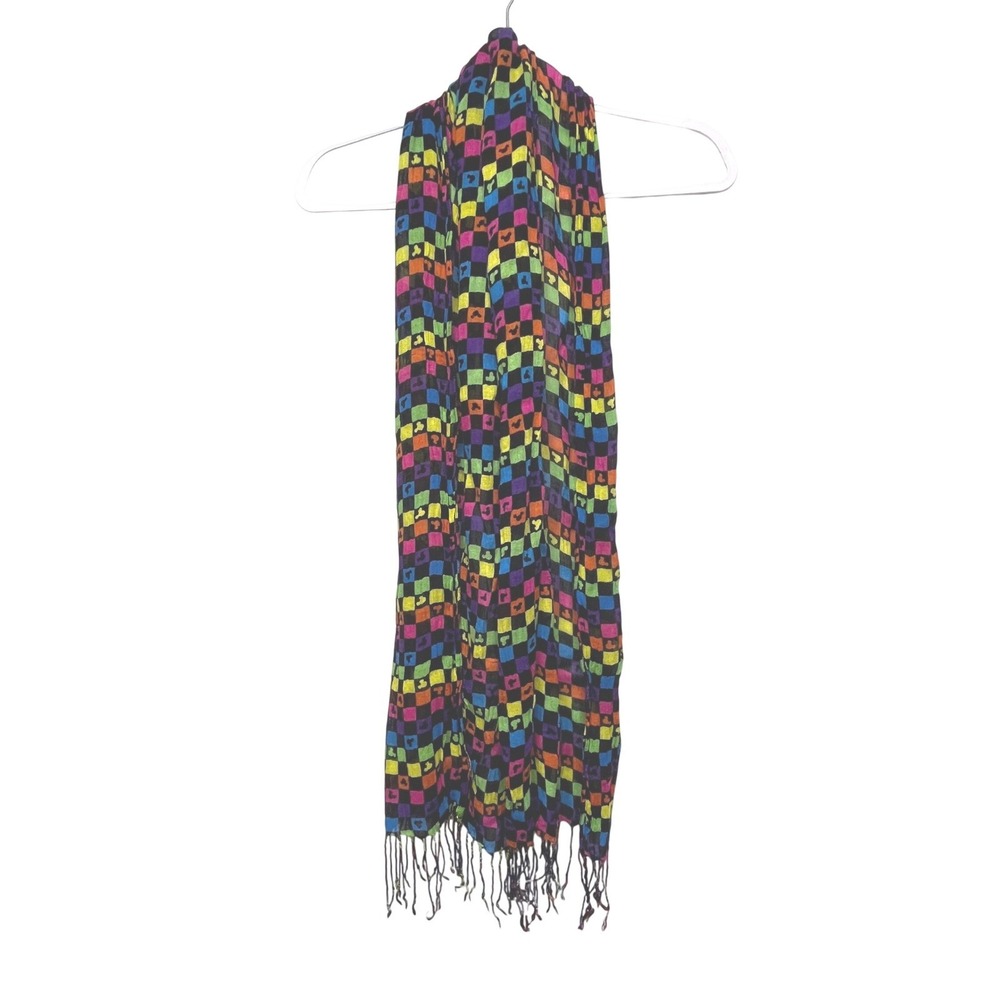 Disney Parks Mickey Mouse Rainbow Checkerboard Scarf Lightweight Fringe Pride